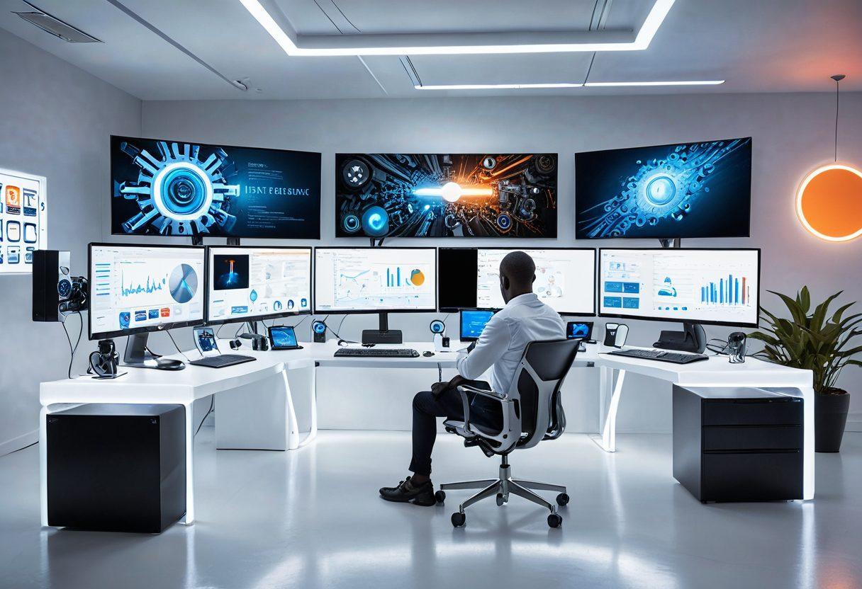 A futuristic workspace with a person sitting at a sleek desk, surrounded by multiple screens displaying innovative tech tools and apps. The atmosphere is vibrant, illustrating a connection between technology and personal growth, with elements like light bulbs symbolizing ideas and gears symbolizing functionality. Infused with warm colors to evoke a sense of empowerment. super-realistic. vibrant colors. white background.